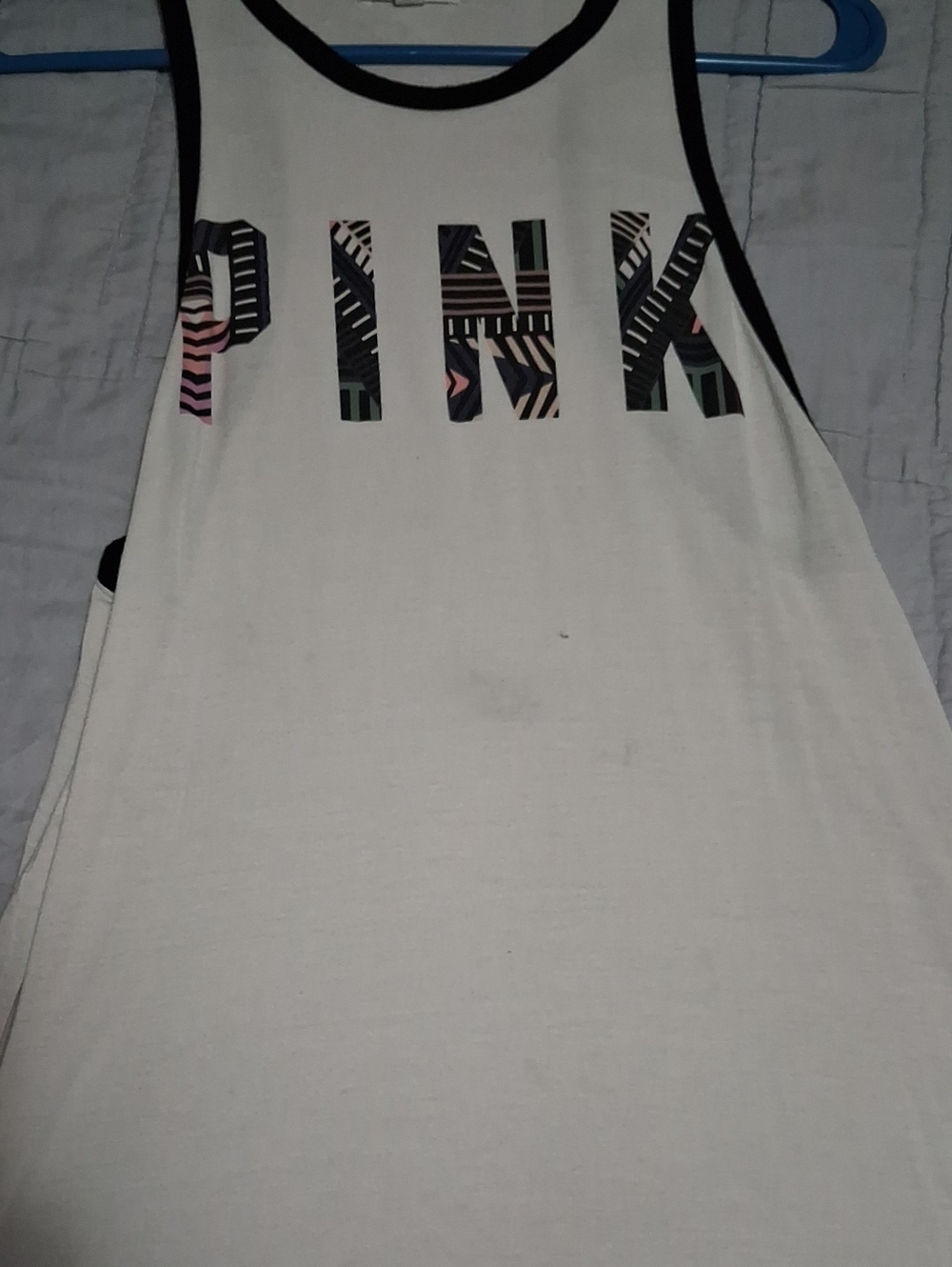 PINK Victoria's Secret White Tank Top with Multicolor Logo and Black Trim